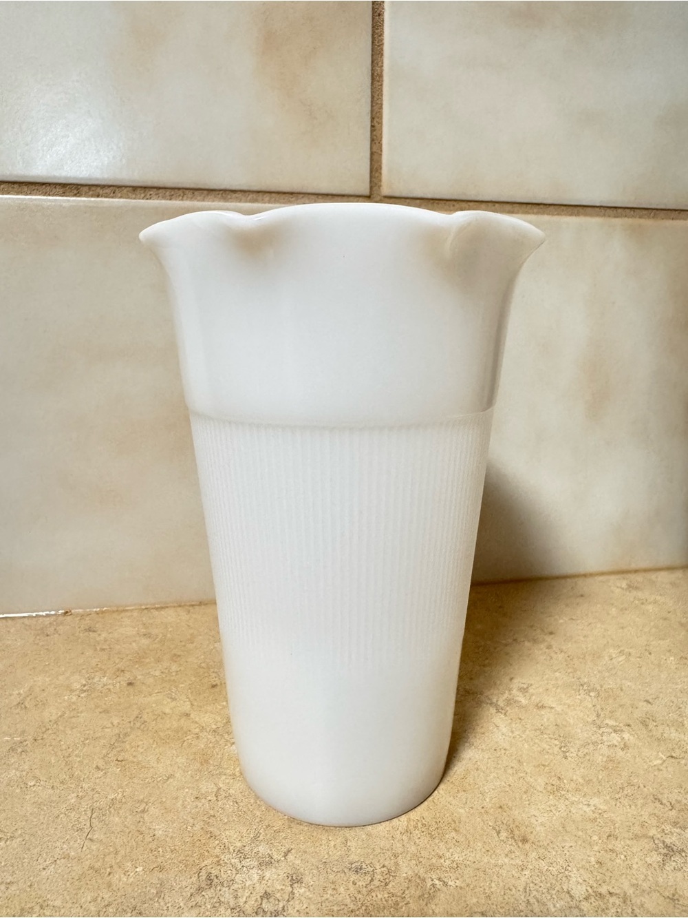 White Milk Glass Scalloped Vase | Ribbed Pedestal Bud Vase - Picture 2 of 10